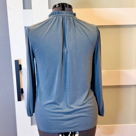 Lucky Brand Blue Ruffle Neck Long Sleeve Blouse Women’s Medium - Picture 2 of 8